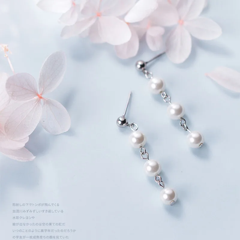 LBSL Real Sterlings Women 925 Silver Earring Tassel Silver Korean Trend Simulated Pearl Earrings 925 Silver Long Drop Earrings (4)