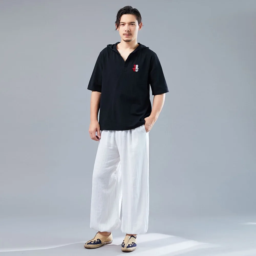 LZJN 2019 Men's Shirt Summer Style Hooded Short Sleeve Blouse Top Men New Casual Embroidery Cotton Linen Shirt Camisas De Hombre (24)