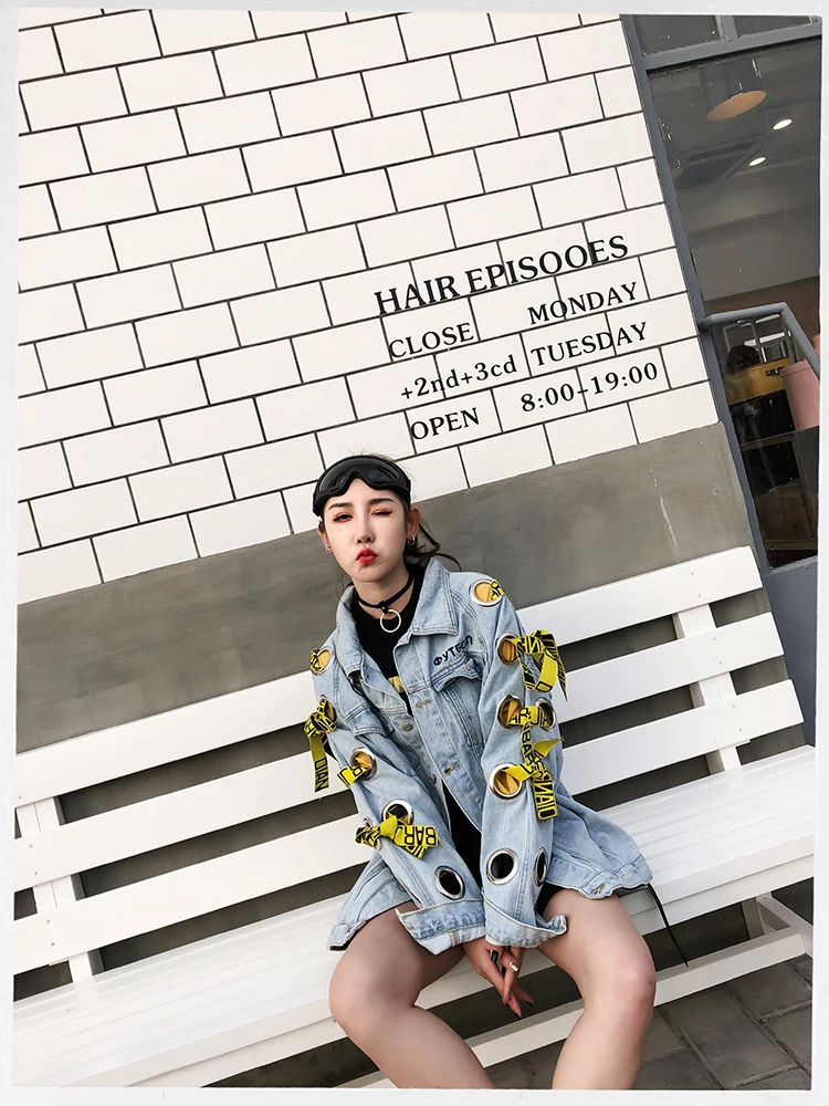 ZURICHOUSE Punk Denim Jacket Women Personality Hollow Out Metal Ring Bandage Oversized Ladies Jeans Jackets Coas