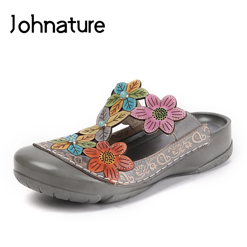 

Johnature 2019 New Summer Genuine Leather Outside Slipper Round Toe Crystal Floral Wedges Hollow Sandals Women Shoes Slides