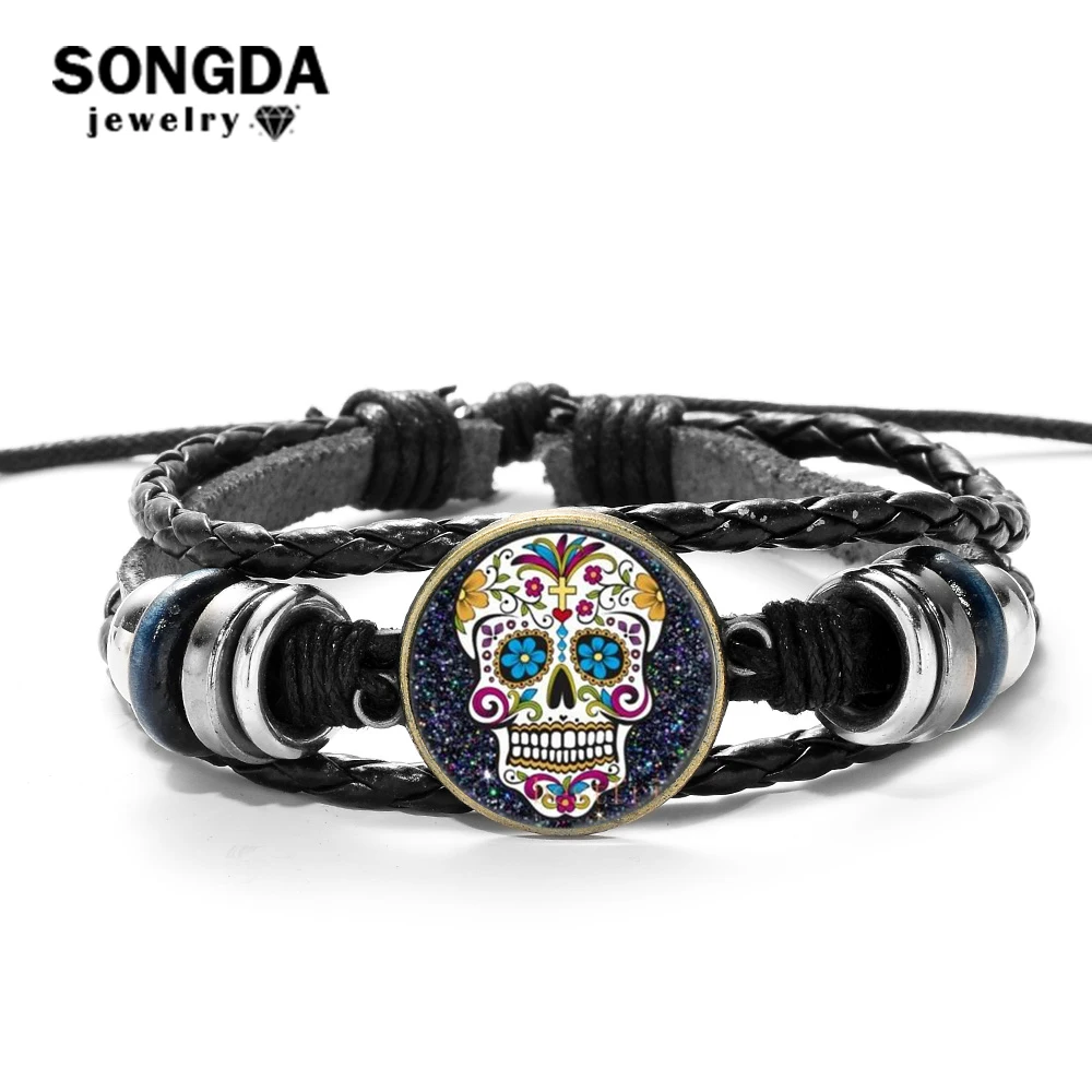 

SONGDA Death Day Mexican Sugar Skull Bracelet Creative Art Flower Skull Painting Handmade Glass Dome Punk Woven Leather Bracelet