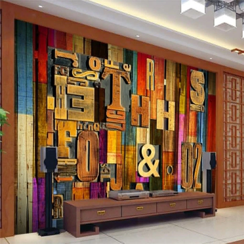 Custom photo background wallpaper living room TV retro 3d alphabet colored wood striped background papel de parede