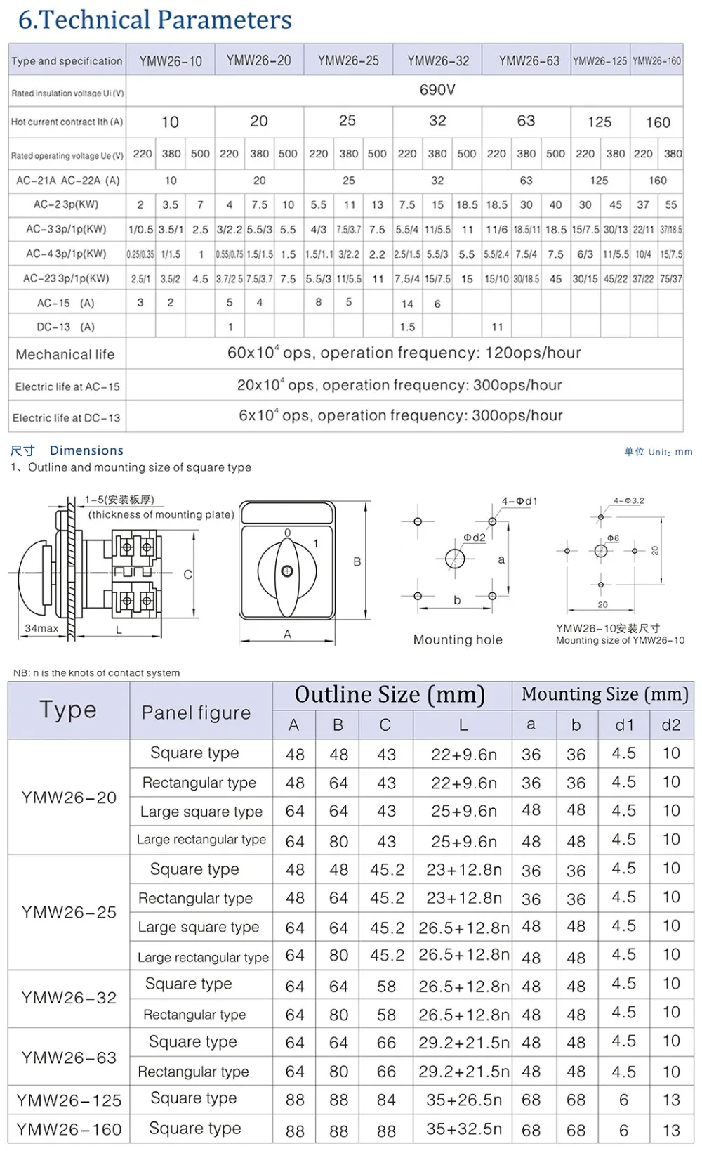 LW26 YMW26-20/3 поворотный переключатель 6 видном месте 0-5 690 V 20A цепи 2pole Универсальный переход cam основной переключатель серебряные контакты