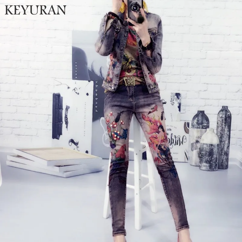 Nieuwe Sequin Bloemen Print Jeans Jas Broek Pak Dame Twee Stuks Elastische Materiaal Schilderen Modetrends Vrouwen Denim 2 stuk set Nieuwe Sequin Bloemen Print Jeans Jas Broek Pak Dame Twee Stuks Elastische Materiaal Schilderen Modetrends Vrouwen Denim 2 stuk set