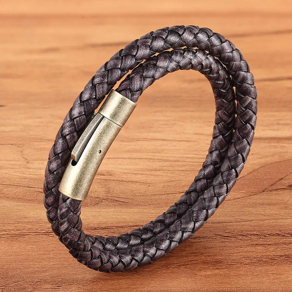 XQNI классический стиль ретро Пряжка двойной тканый кожаный мужской кожаный браслет из нержавеющей стали для памятного подарка ювелирные изделия - Окраска металла: Gray