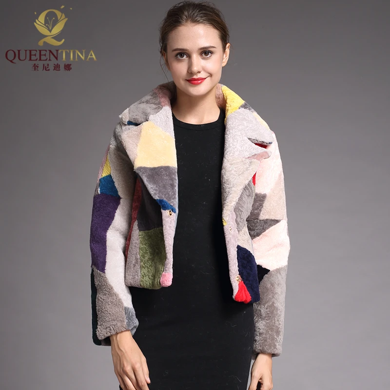 Благородные модные женские меховые пальто из натуральной овчины, зимнее шерстяное пальто, женская Лоскутная цветная теплая куртка для стрижки овец, верхняя одежда