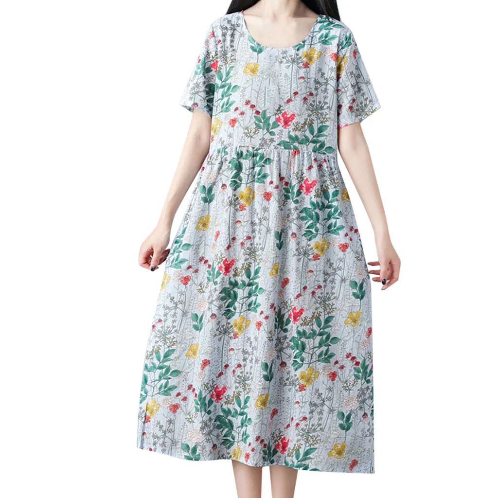 

Jyacosin dress women's casual comfort loose large size short-sleeved cotton linen flower dress summer casual dress loose dress