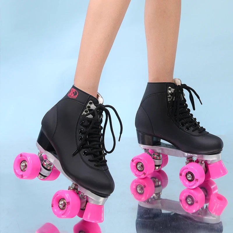 RENIAEVER двойные роликовые коньки, 4 конька обуви, розовые колеса, черная обувь