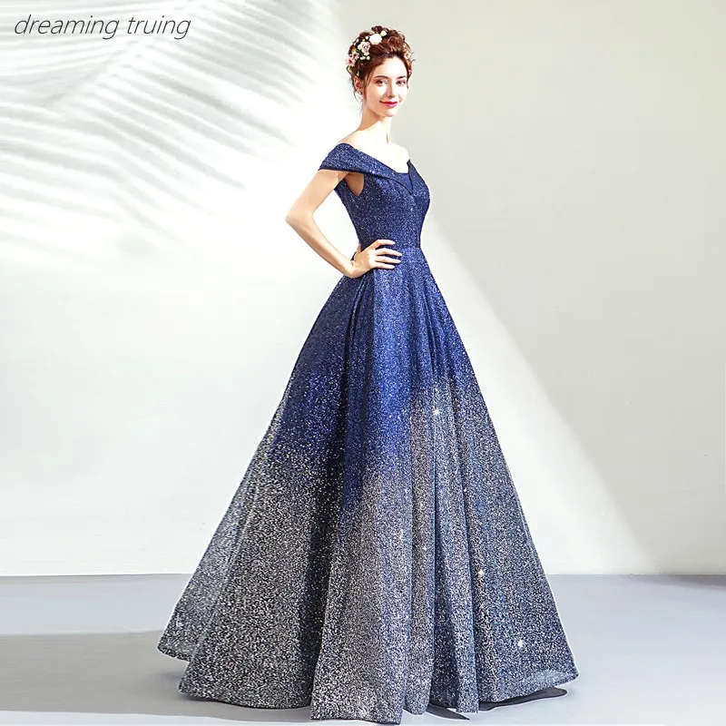 

Bling Bling Blue Sequin Evening Dresses Long Off Shoulder Backless Short Sleeve Ladies Formal Gown Robe De Soiree Longue 2019