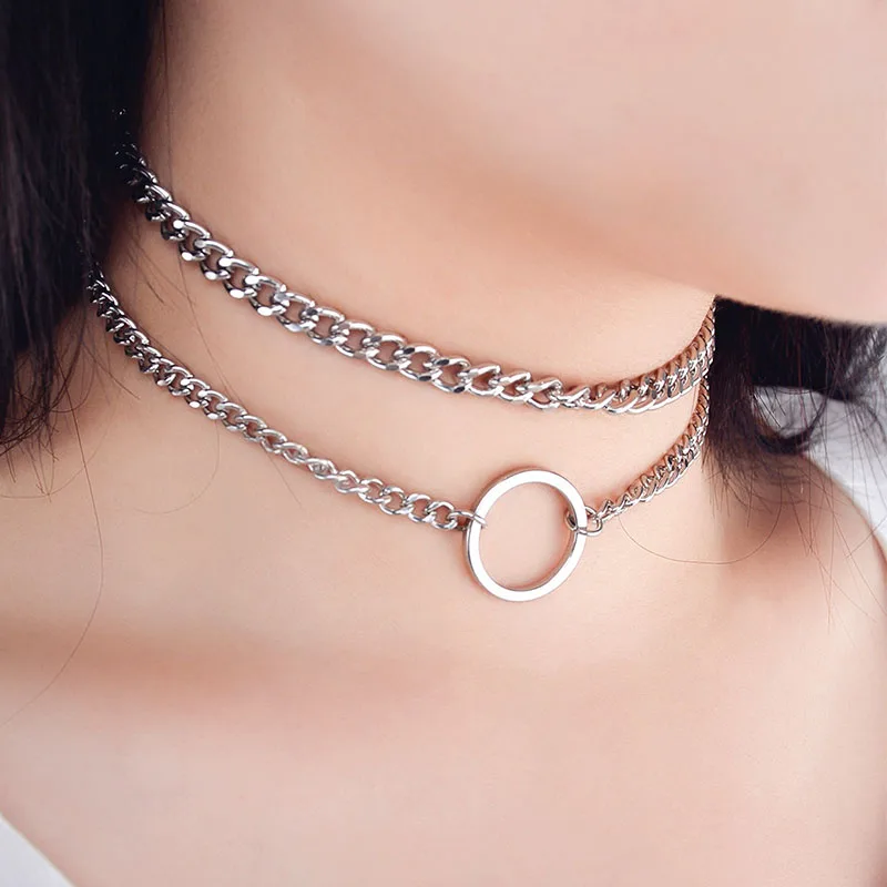 

2017 New Punk Round Circle Double Layer Metal Chain Choker Necklace for Women Simple Neck Chocker Clavicle Jewelry Gift XR758