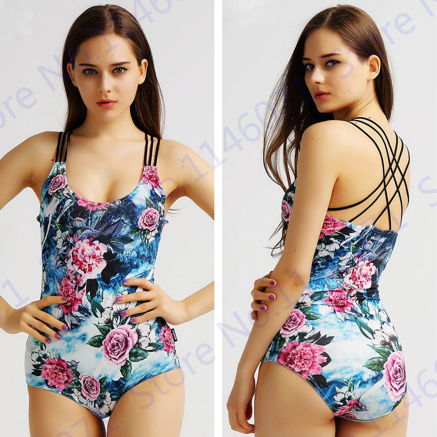 Blue Blossom Floral Bikini Vintage Flower One Piece Swimsuit Retro Push