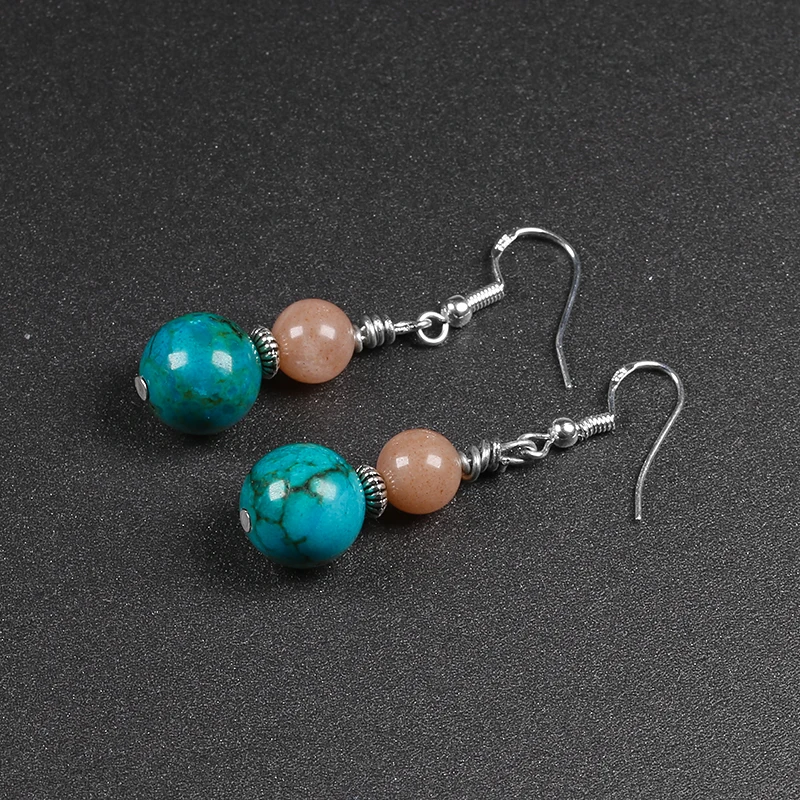 

Women Trendy Statement Drop Earrings Natural 10MM Turquoise with 8MMSunstone Pendant Earrings Stone Beads brincos Boho Style