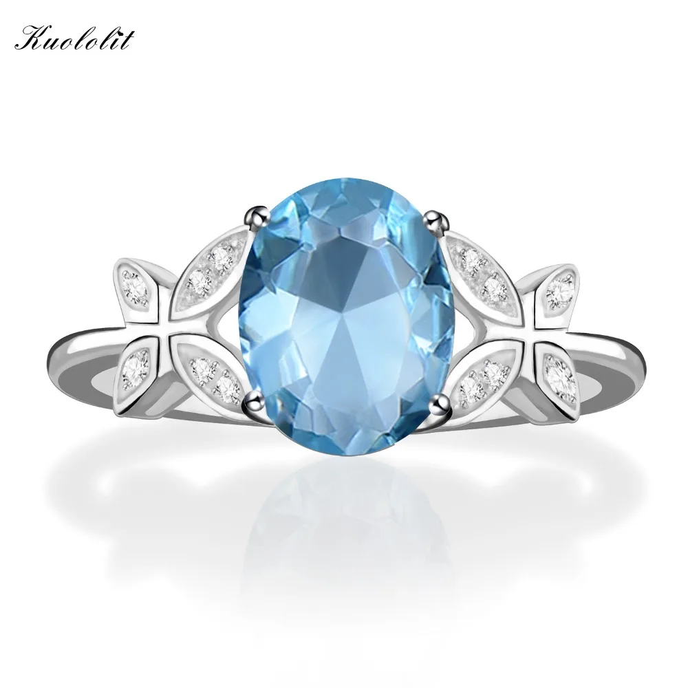 

Kuololit Solid 925 Sterling Silver Rings For Women Natural Sky Blue Topaz Gemstone Ring Wedding Engagement Custom Name Ring