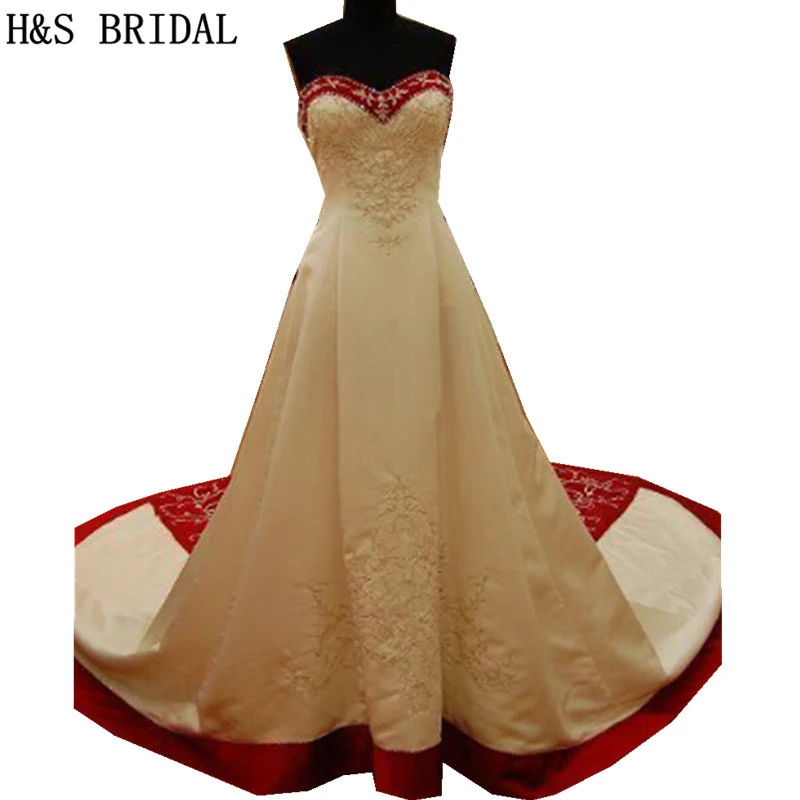 off white and red wedding dresses