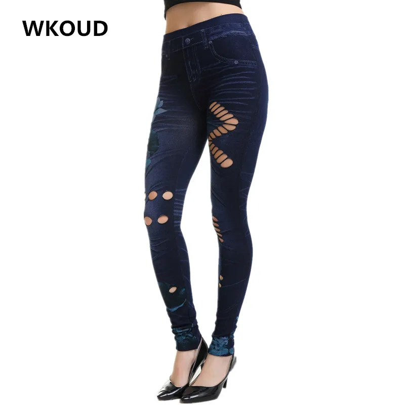 WKOUD Women's Floral Printed Jeans Leggings Fashion Hollow Out Seamless