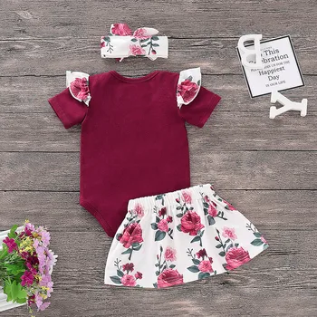 

Infant Baby Girls Solid Jumpsuit Romper+Floral Print Skirts+Headbands Set Outfits Baby Boy Summer Cute Clothes Kız Bebek Giyim