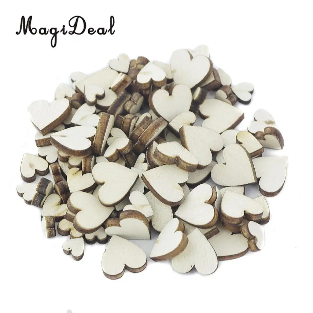 MagiDeal 100Pcs Assorted Size Natural Wood Heart Plain Shabby Chic Craft Scrapbook crapbook Embellishment Wedding Home Decor