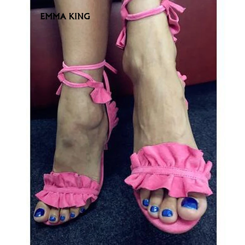 

2019New Summer Ankle Wrap Gladiator Sandals Women High Heels Flouncing Street Fashion Ruffles Pumps Shoes Woman Chaussures Femme