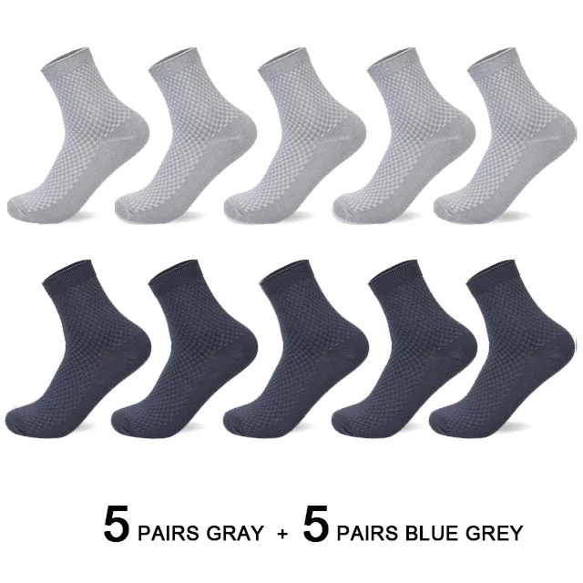10 Pairs/Lot Men's Bamboo Fiber Socks 2022 New Compression Autumn Long Black Business Casual Man Dress Sock Gift Plus Size 42-45 5 gray 5 blue gray