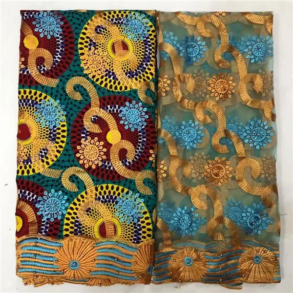 

Wonderful wedding/party African cotton embroidery wax fabric with lace (6y) and 2y French net lace fabric WNL44