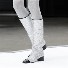 Г. женские зимние сапоги до колена комфорт толстый каблук боковой молнией Блёстки Сапоги и ботинки для девочек модный пэчворк черный, серебристый цвет шикарный наряд Сапоги и ботинки для девочек