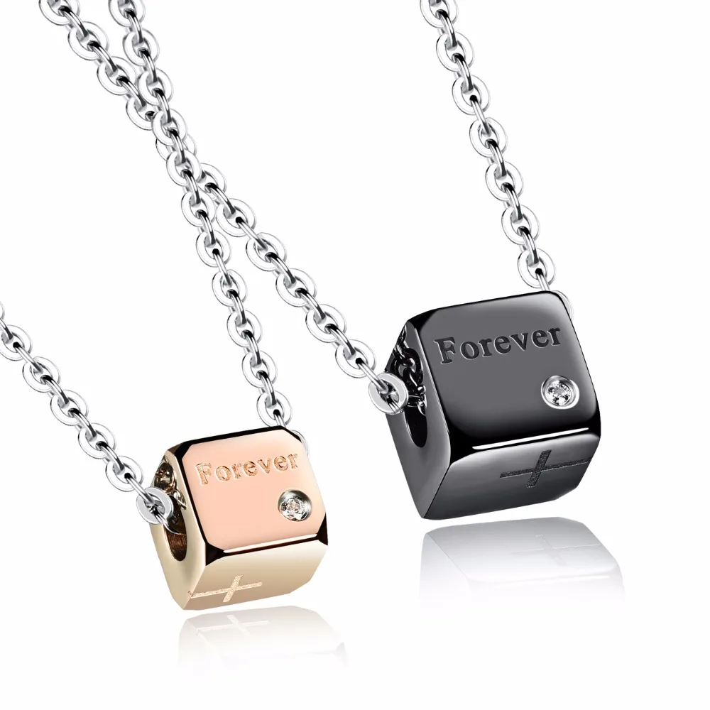 

Lovers' Delicate Jewelry Mini Cube Pendant Necklace Carved Forever Be With You Couple Pair Necklace Romantic Gift for Girlfriend