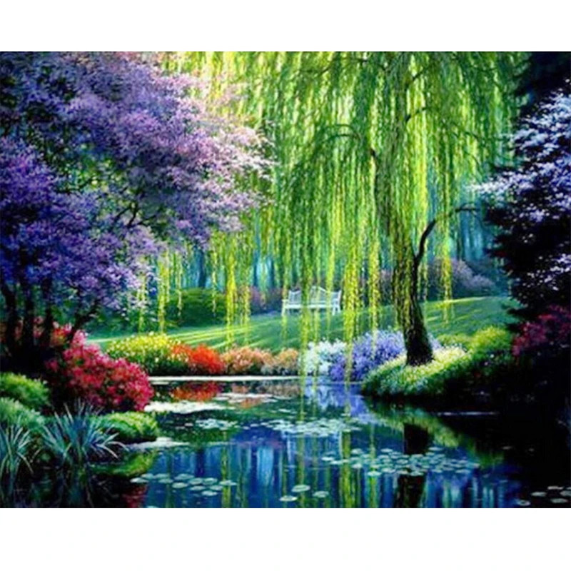 5D Weeping willow and pond landscape image DIY FULL diamond painting