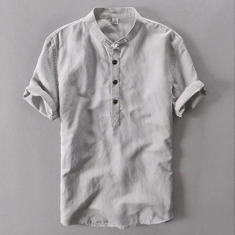 Mens Pullover Linen Shirts Short Sleeve Mens Quality Casual Shirts Slim fit Solid Mandarin Collar Cotton Men TS-155 Cotton Shirt Men Casual Shirt