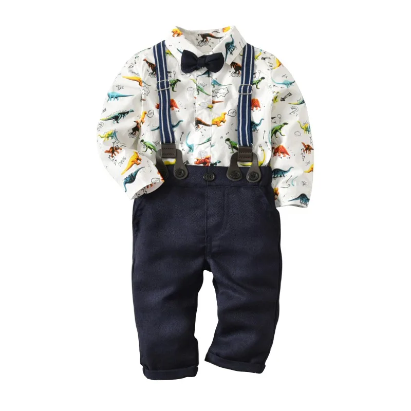Рубашка с принтом динозавра Детский комбинезон+ комбинезон Модный повседневный комплект одежды для маленьких мальчиков, Осенние Комбинезоны с длинными рукавами для мальчиков - Цвет: Многоцветный