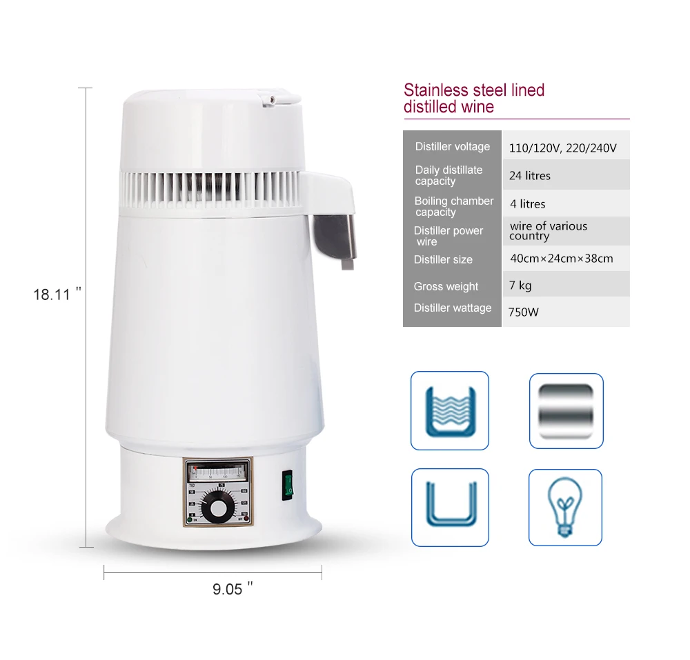 750 Вт стоматологический 4 литровый домашний дистиллятор чистой воды для спирта, фильтр для воды, машина для дистилляции, очиститель для самогонов, бойлер для пивоварения, кувшин