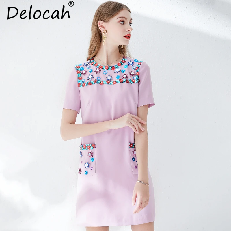 Delocah Women Summer Dress Runway Fashion Designer Short Sleeve Beading Appliques Elegant Casual Holiday Party Loose Dress 2019