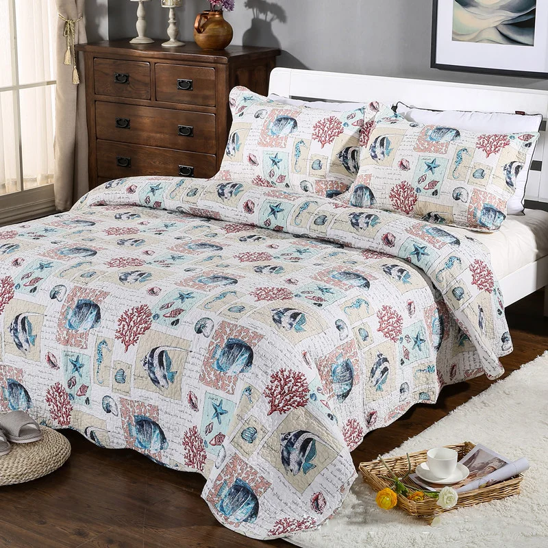 

CHAUSUB American Ocean Style Quilt SET 3PC Washed Cotton Quilts Quilted Bedspread Bed Cover Bed Sheets Coverlet Set King Size