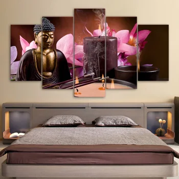 

Frame Living Room Art Pictures HD Printed Painting 5 Panel Buddha Candle Lotus Burn Incense Modern Wall Home Decoration Posters