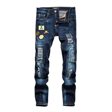 locomotive Jeans Personality Badge Patchwork Jeans Men Ripped Jeans Fashion Scratched Biker Jeans Hole Denim mens Casual Pants