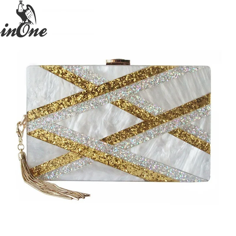 

INONE Double-faced Evening Purse Acrylic Clutch Box Bags for Women 2019 Shiny Cross Designer Chain Crossbody Handbag Case Bag