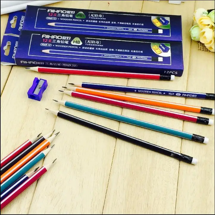 Promotional 12pcs New Arrival HB Wooden Pencil With Eraser Triangular