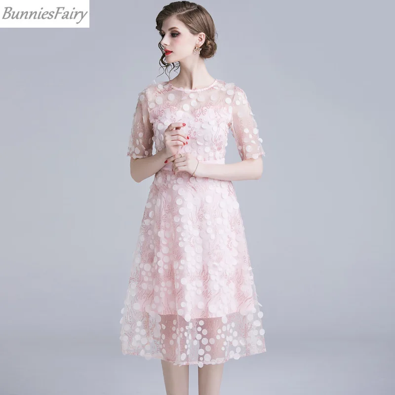 

BunniesFairy 2019 Summer Women Celebrity Sweet Fairy Princess Polka Dot 3D Flower Floral Embroidery Pink Midi Dress Short Sleeve