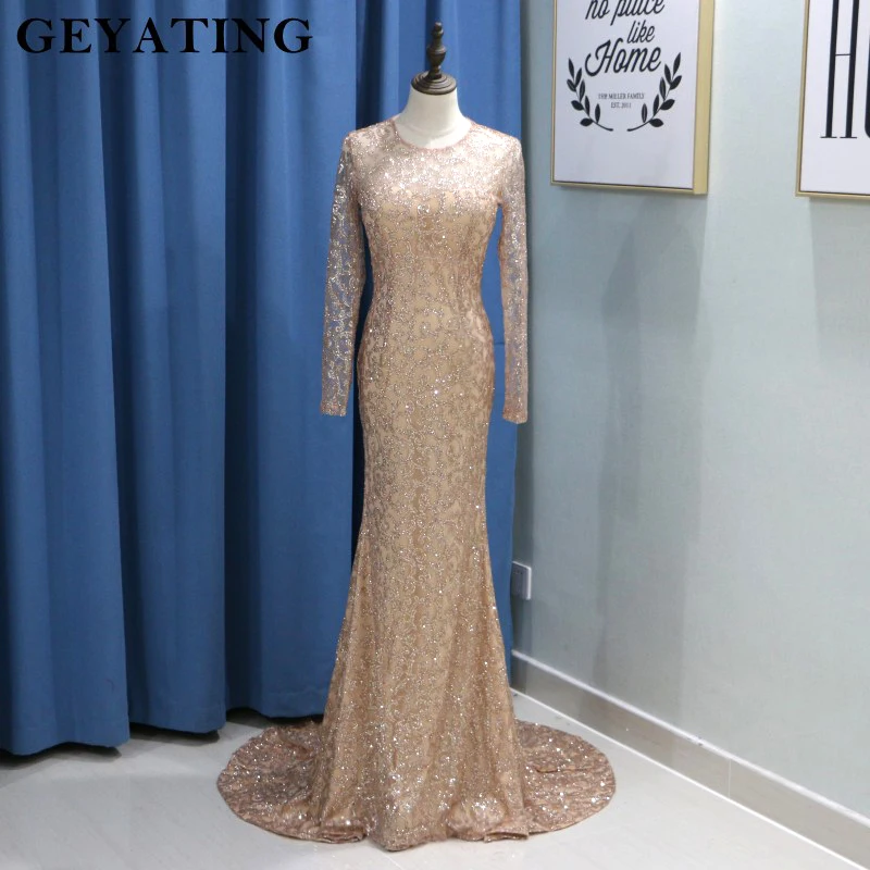 

Abaya Dubai Kaftan Mermaid Prom Dress 2019 Bling Rose Gold Long Dress Party Long Sleeve Sequin Silver Arabic Evening Party Gowns
