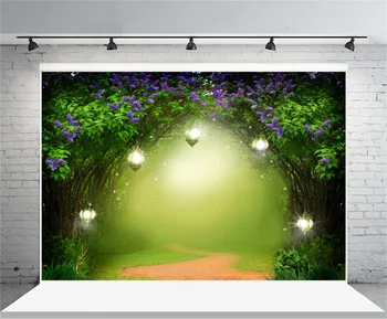 

Laeacco Dreamy Flower Trees Arch Lamps Hazy Path Photography Backgrounds Vinyl Custom Camera Photo Backdrops For Photo Studio