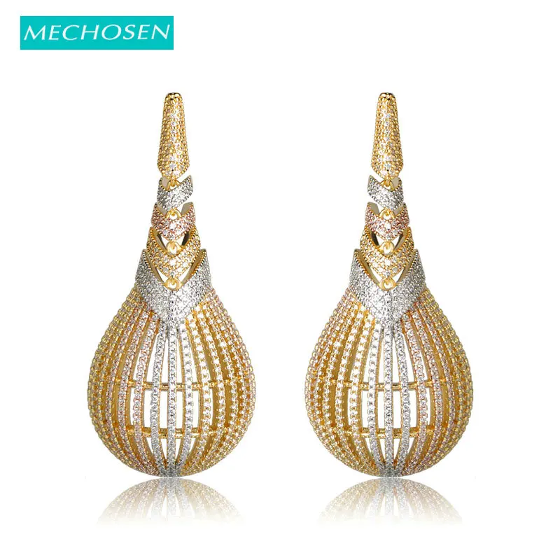 

MECHOSEN Luxury Large Copper Drop Earrings For Women 3 Tones Plated Cubic Zirconia Earring Pendientes Mujer Moda Wedding Jewelry
