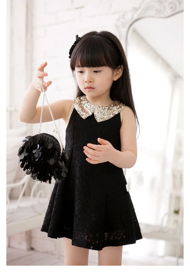 2020 Summer Baby Girls Dress Child Sleeveless Lace Paillette Turn-Down Collar Princess Kid School Perform | Детская одежда и обувь
