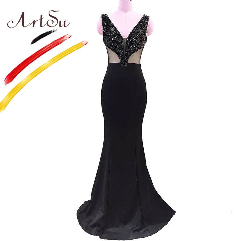 

ArtSu Elegant Prom Gown Luxury 3D Sequin Beading V-Neck Floor-Length Mermaid Dress Hollow Out Slim Sleeveless Maxi Vestido Party