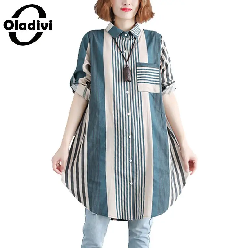 

Oladivi Plus Size Women Clothing Fashion Striped Printed Blouse Shirts Ladies Casual Loose Big Size Top Tees Female Tunic Blusas