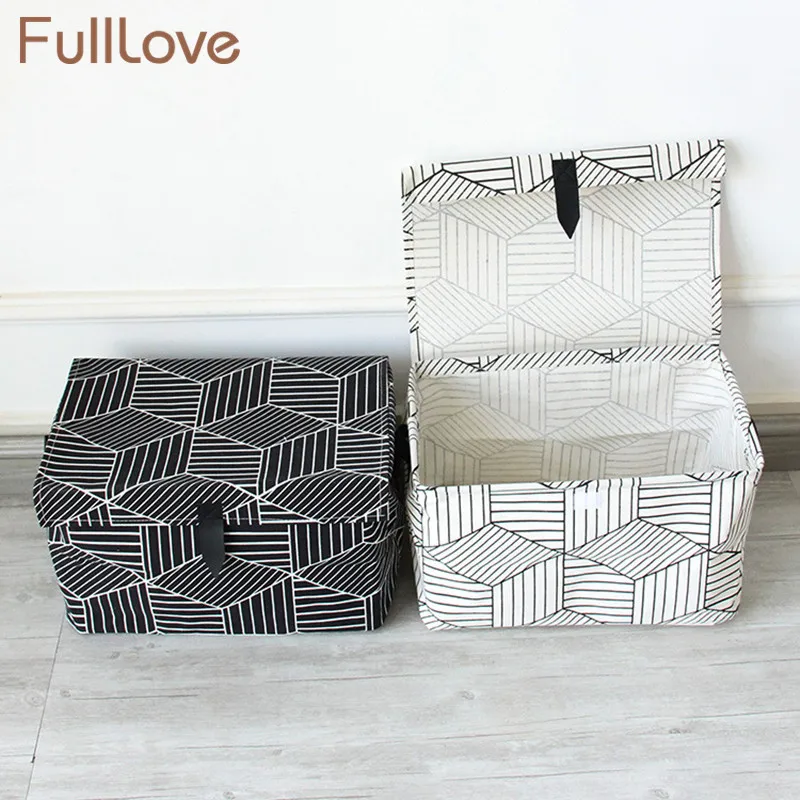 Kaufen FullLove Geometrische Spielzeug Ablagekorb Leinen Baumwolle Schwarz Weiß mit Deckel Aufbewahrungsbox Bins Kleidung Schreibwaren Bücher Organizer