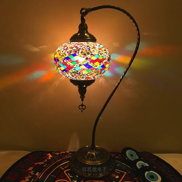 Table Swan Lamp Retro Turkish Moroccan Colourful Glass Desk Bedside Light 220V