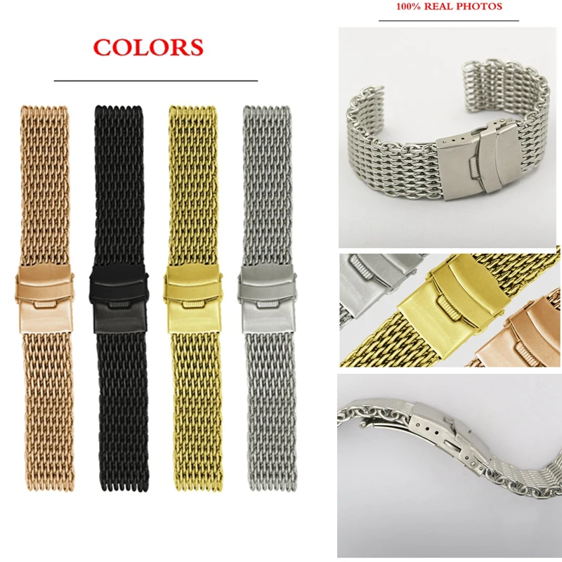 LPWHH Net Weave Stainless Steel Watchband 18mm 20mm 22mm 24mm Metal Buckle Watches Strap Bracelet Women Black Silver Rose Gold