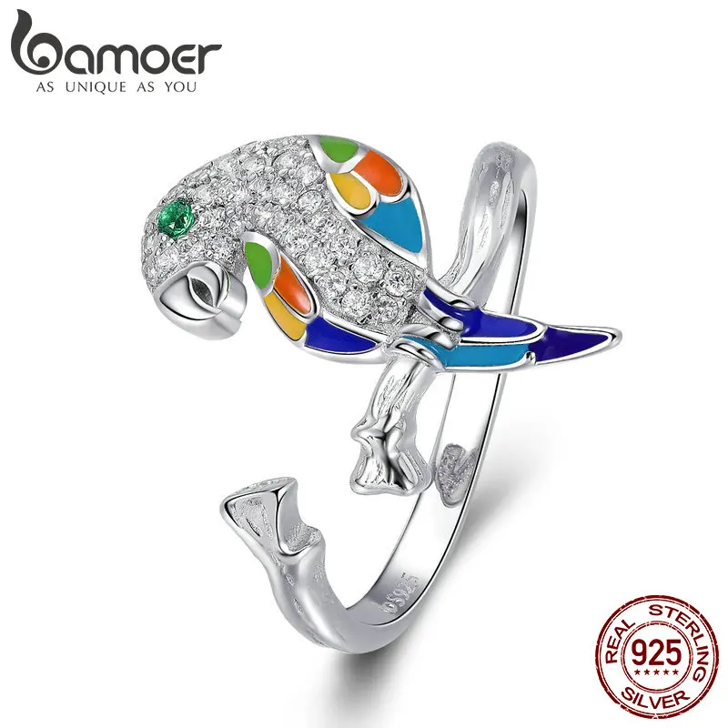 

BAMOER European Finger Ring Enamel Parrot Ajustable Finger Rings for Women 925 Sterling Silver Fine Jewelry Cocktail Ring GAR008