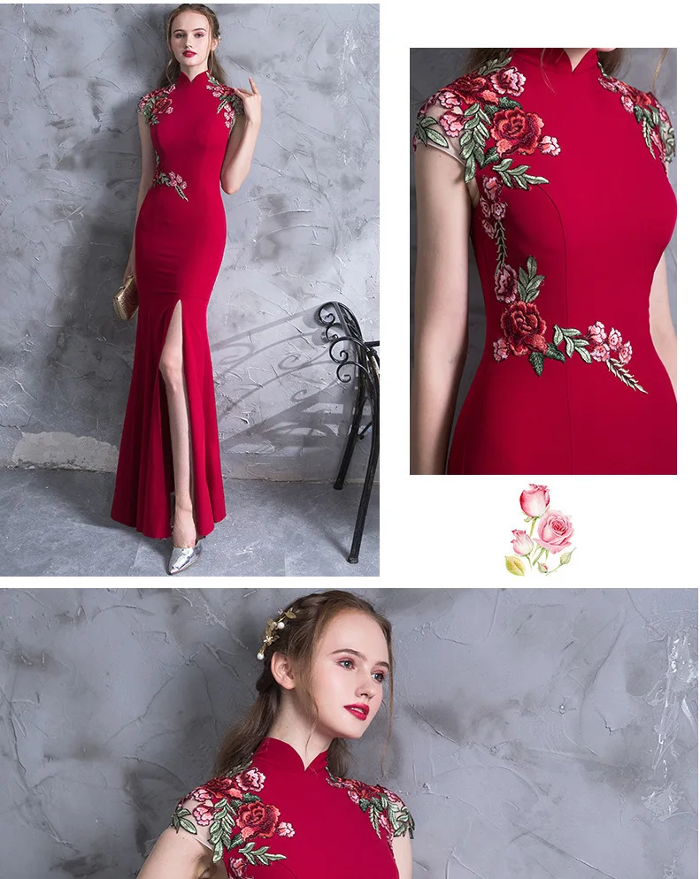 Высокое качество вышивка современный Cheongsam красный сексуальный Qipao длинное традиционное китайское платье Восточный стиль платья Vestido De China