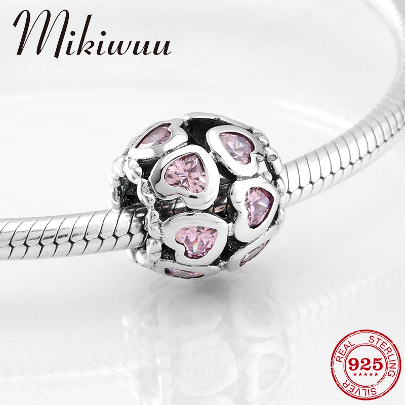 

Fashion fine 925 Sterling Silver Symbolic love Pink Zircon heart beads Jewelry making Fit Original Pandora Charm women Bracelet