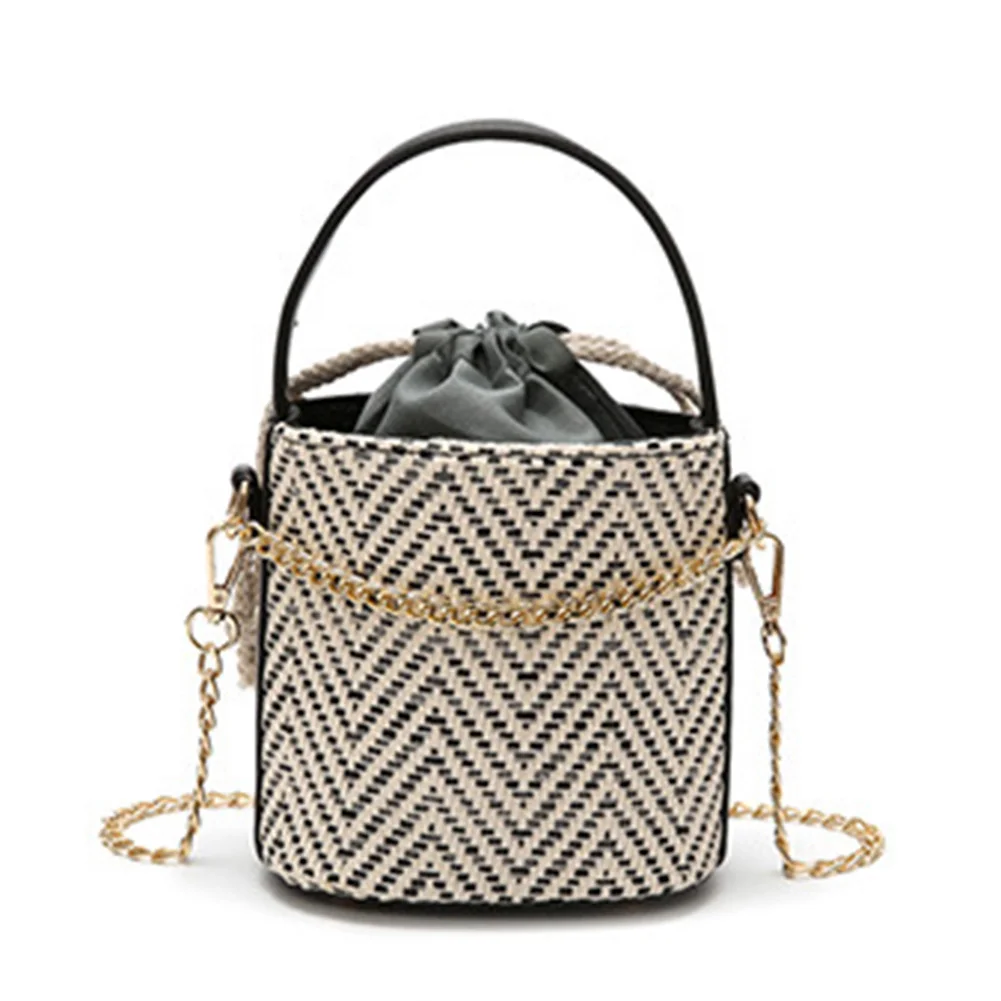1pcs Women Straw Woven Handbag Vintage Chain Large Capacity Messenger Bag Best Sale-WT - Color: Black-strip
